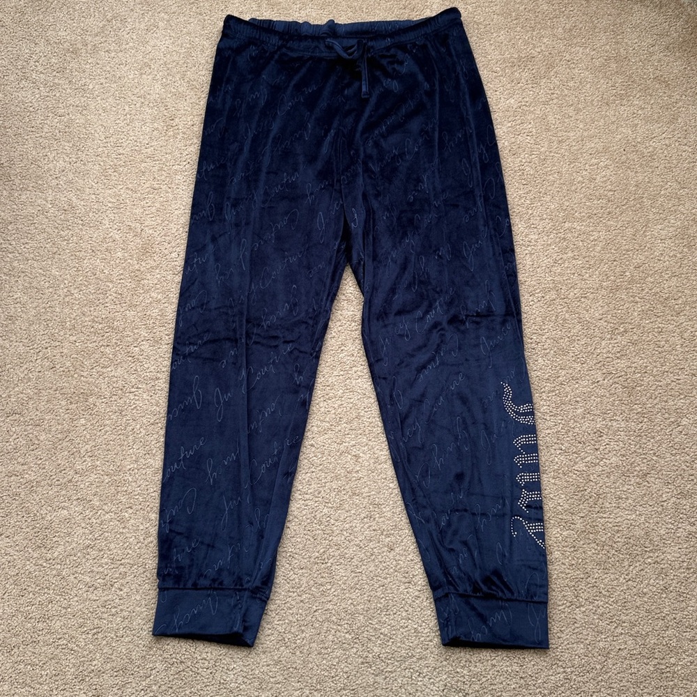 Juicy Couture Y2K Velour Embossed Rhinestone Luxe Bling Navy Blue Joggers XL